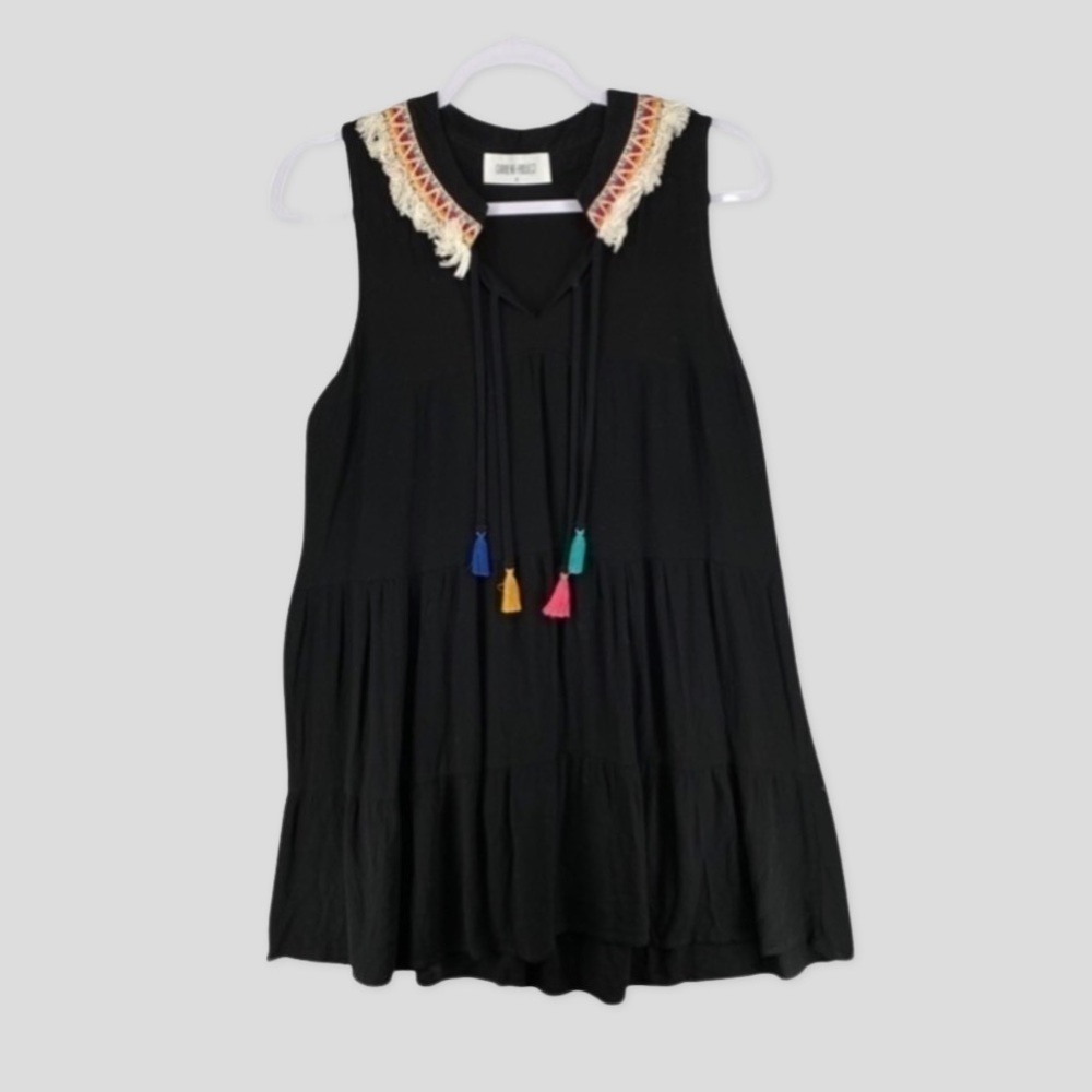 Current Project Black Embroidered Fringe Tassel Aztec Dress Size S